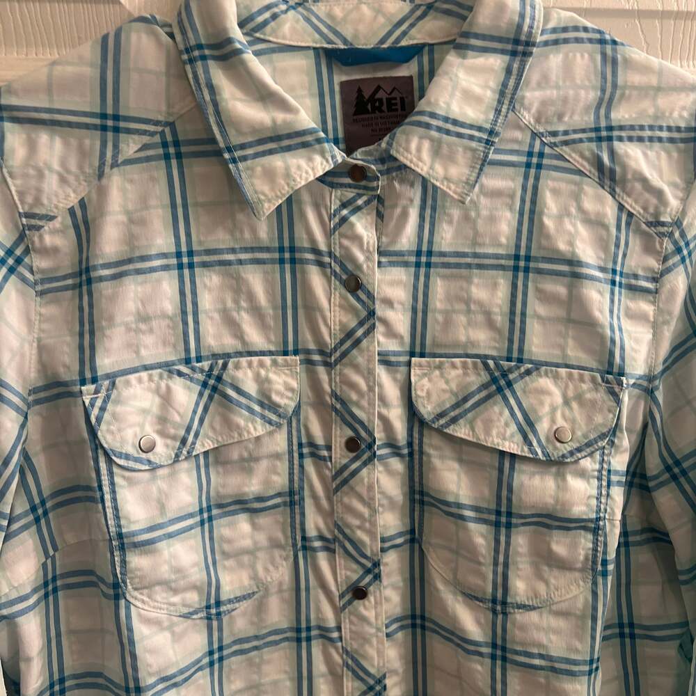 REI Co-op Women's Snap Front Northway Plaid Shirt Small Long Sleeve Green/White